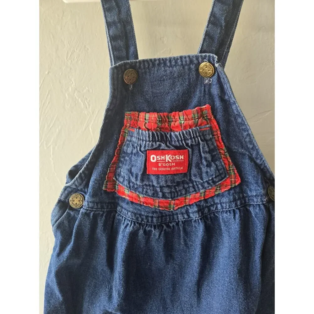 Vintage OshKosh B'gosh Girls 4T Denim Overall Dress Plaid Sleeveless 4T